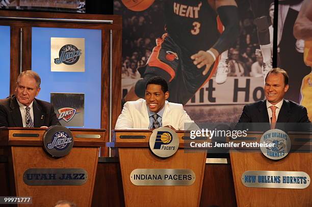 Danny Granger of the Indiana Pacers looks on during the 2010 NBA Draft Lottery at the Studios at NBA Entertainment on May 18, 2010 in Secaucus, New...