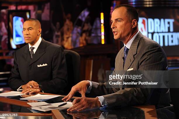Announcer Jay Bilas talks on the set during the 2010 NBA Draft Lottery at the Studios at NBA Entertainment on May 18, 2010 in Secaucus, New Jersey....