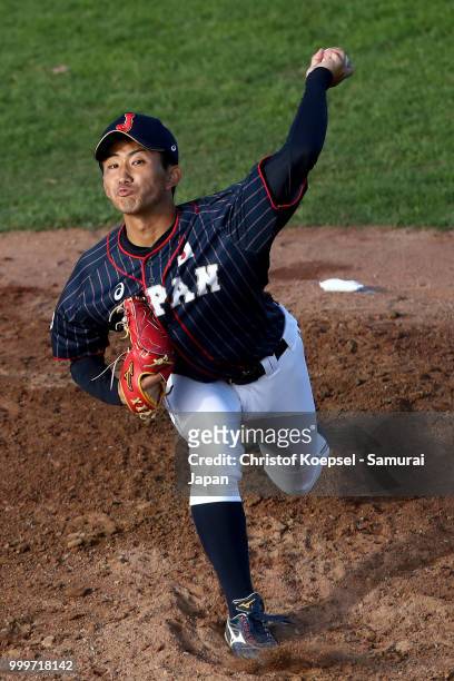 Kazuya Ojima of Japan pitches in the first inning during the Haarlem Baseball Week game between Cuba and Japan at Pim Mulier Stadion on July 15, 2018...