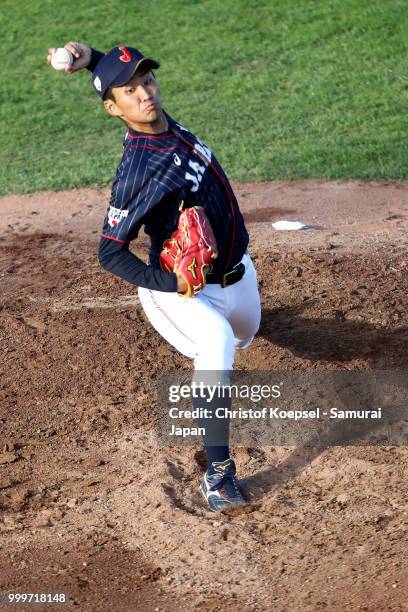 Kazuya Ojima of Japan pitches in the first inning during the Haarlem Baseball Week game between Cuba and Japan at Pim Mulier Stadion on July 15, 2018...