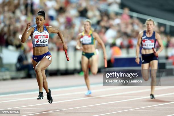 Shannon Hylton of Great Britain in action during the Women's 4x100m Relay during day two of the Athletics World Cup London at the London Stadium on...