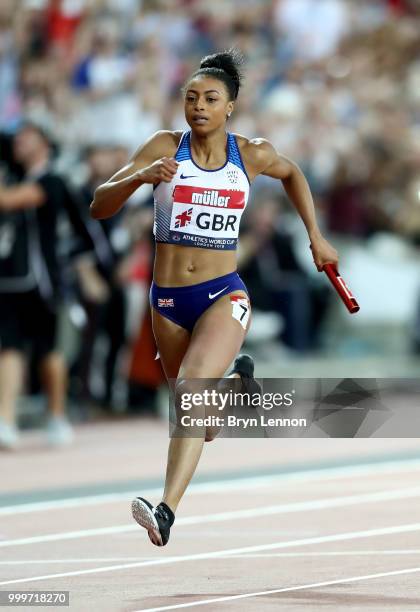 Shannon Hylton of Great Britain in action during the Women's 4x100m Relay during day two of the Athletics World Cup London at the London Stadium on...