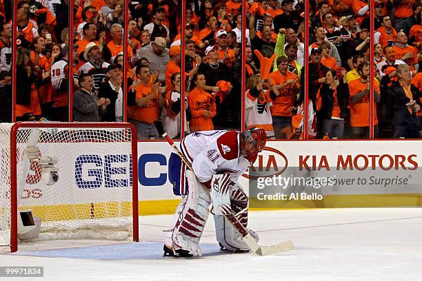 Jaroslav Halak of the Montreal Canadiens looks on after giving up a goal in the third period against the Philadelphia Flyers in Game 2 of the Eastern...