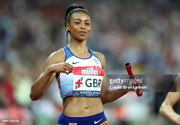 Shannon Hylton of Great Britain crosses the line to win the Women's 4x100m Relay during the Women's 4x100m Relay during day two of the Athletics...