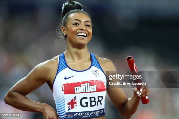 Shannon Hylton of Great Britain celebrates after winning the Women's 4x100m Relay during the Women's 4x100m Relay during day two of the Athletics...