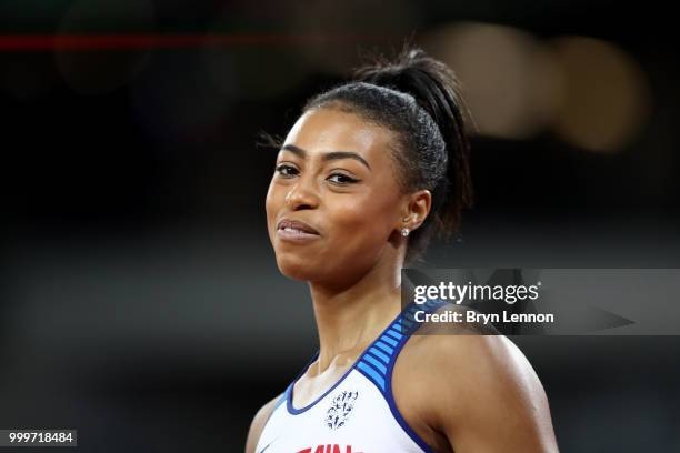 Shannon Hylton of Great Britain celebrates after winning the Women's 4x100m Relay during the Women's 4x100m Relay during day two of the Athletics...