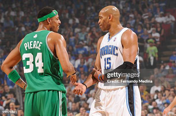 Paul Pierce of the Boston Celtics talks with Vince Carter of the Orlando Magic in Game Two of the Eastern Conference Finals during the 2010 NBA...