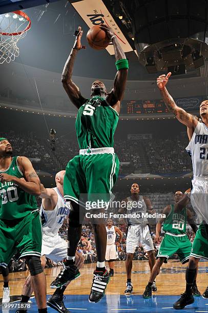 Kevin Garnett of the Boston Celtics rebounds against the Orlando Magic in Game Two of the Eastern Conference Finals during the 2010 NBA Playoffs on...