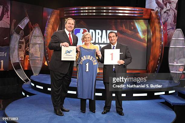 Washington Wizards general manager Ernie Grunfeld, representative Irene Pollin and owner Ted Leonsis pose for a picture following the 2010 NBA Draft...