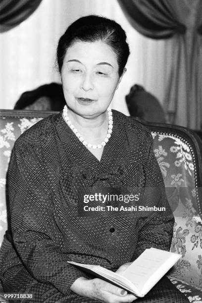 Princess Kikuko of Takamatsu speaks during the Asahi Shimbun interview on June 10, 1986 in Tokyo, Japan.