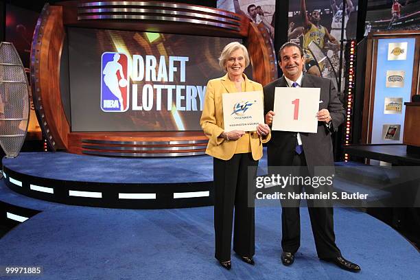 Washington Wizards representative Irene Pollin and owner Ted Leonsis pose for a portrait following the 2010 NBA Draft Lottery at the Studios at NBA...