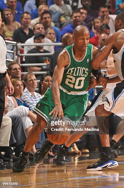 Ray Allen of the Boston Celtics drives against the Orlando Magic in Game Two of the Eastern Conference Finals during the 2010 NBA Playoffs on May 18,...