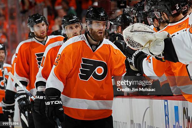 Ville Leino of the Philadelphia Flyers celebrates with his teammates after scoring a goal in the third period against the Montreal Canadiens in Game...
