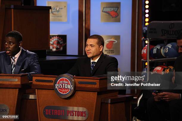 Scott Perry, VP of Basketball Operations of the Detroit Pistons looks on during the 2010 NBA Draft Lottery at the Studios at NBA Entertainment on May...