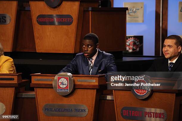 Jrue Holiday of the Philadelphia 76ers looks on during the 2010 NBA Draft Lottery at the Studios at NBA Entertainment on May 18, 2010 in Secaucus,...