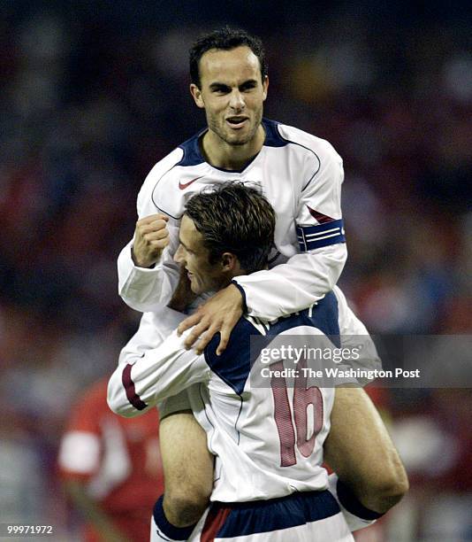 SP/SOCCER14 DATE: 10/13/04 PHOTO BY : JOEL RICHARDSON 160589 CAPTION: USA SOCCER TEAM PLAYS PANAMA AT RFK STADIUM ,,, USA'S LANDON DONOVAN CELEBRATES...