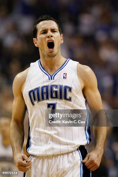 Redick of the Orlando Magic reacts against the Boston Celtics in Game Two of the Eastern Conference Finals during the 2010 NBA Playoffs at Amway...