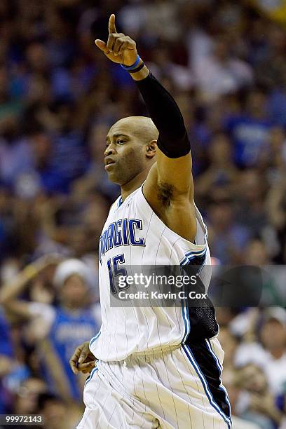 Vince Carter of the Orlando Magic reacts as he runs up court against the Boston Celtics in Game Two of the Eastern Conference Finals during the 2010...