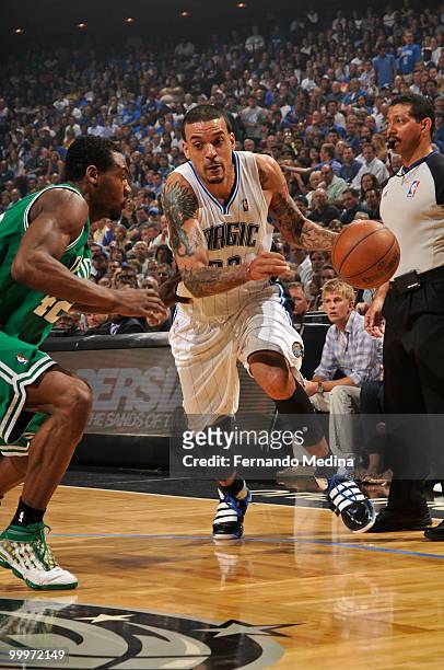 Matt Barnes of the Orlando Magic drives against Tony Allen of the Boston Celtics in Game Two of the Eastern Conference Finals during the 2010 NBA...