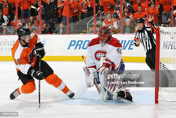 Danny Briere of the Philadelphia Flyers fires a shot on Jaroslav Halak of the Montreal Canadiens from in close in Game Two of the Eastern Conference...