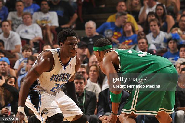 Mickael Pietrus of the Orlando Magic defends against Paul Pierce of the Boston Celtics in Game Two of the Eastern Conference Finals during the 2010...