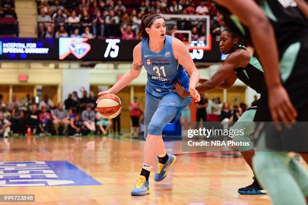 Stefanie Dolson of the Chicago Sky handles the ball against the New York Liberty on July 15, 2018 at Westchester County Center in White Plains, New...