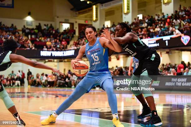 Gabby Williams of the Chicago Sky handles the ball against the New York Liberty on July 15, 2018 at Westchester County Center in White Plains, New...