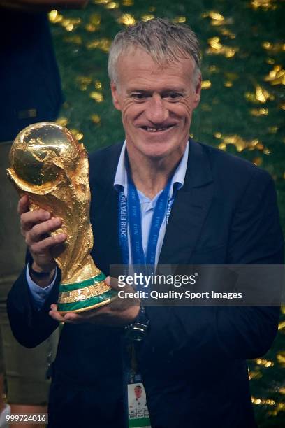 France manager, Didier Deschamps celebrates with the trophy after the 2018 FIFA World Cup Russia Final between France and Croatia at Luzhniki Stadium...
