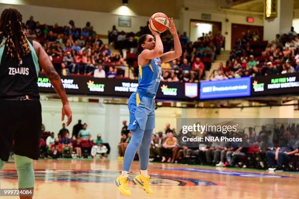 Gabby Williams of the Chicago Sky shoots the ball against the New York Liberty on July 15, 2018 at Westchester County Center in White Plains, New...