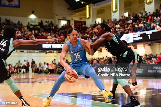 Gabby Williams of the Chicago Sky handles the ball against the New York Liberty on July 15, 2018 at Westchester County Center in White Plains, New...