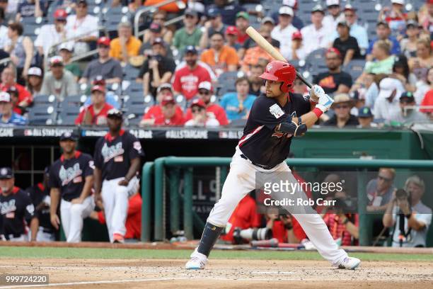 Nate Lowe of the Tampa Bay Rays and the U.S. Team bats in the third inning against the World Team during the SiriusXM All-Star Futures Game at...