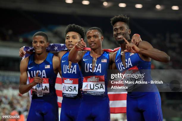 The USA team pose for a photo after winning the Men's 4x400m Relay during day two of the Athletics World Cup London at the London Stadium on July 15,...