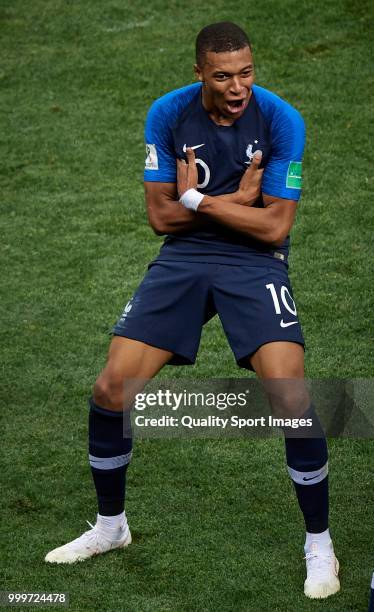 Kylian Mbappe of France celebrates after scoring a goal during the 2018 FIFA World Cup Russia Final between France and Croatia at Luzhniki Stadium on...