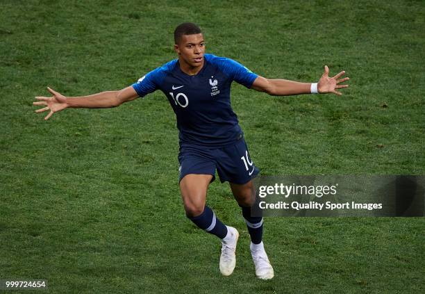 Kylian Mbappe of France celebrates after scoring a goal during the 2018 FIFA World Cup Russia Final between France and Croatia at Luzhniki Stadium on...
