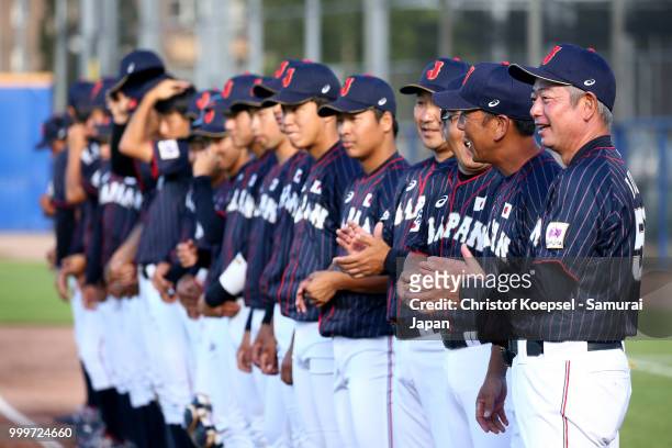 The team of Japan stands for the national anthem prior to the Haarlem Baseball Week game between Cuba and Japan at Pim Mulier Stadion on July 15,...