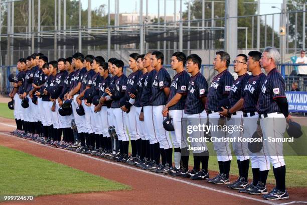 The team of Japan stands for the national anthem prior to the Haarlem Baseball Week game between Cuba and Japan at Pim Mulier Stadion on July 15,...