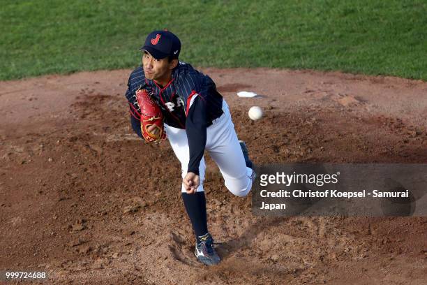 Kazuya Ojima of Japan pitches in the first inning during the Haarlem Baseball Week game between Cuba and Japan at Pim Mulier Stadion on July 15, 2018...
