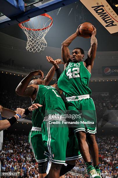 Tony Allen of the Boston Celtics rebounds against the Orlando Magic in Game Two of the Eastern Conference Finals during the 2010 NBA Playoffs on May...