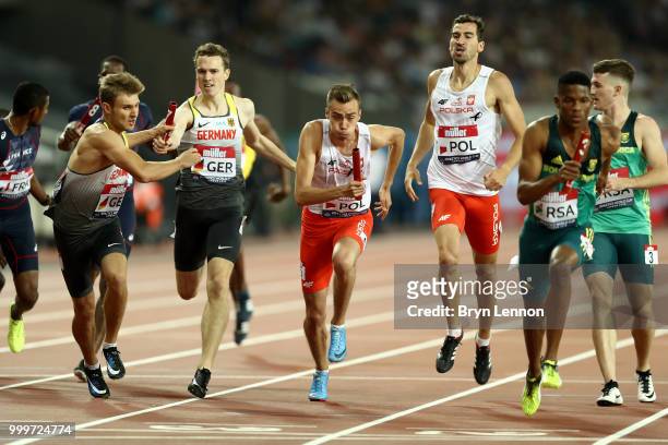 The Poland team pass the baton during the Men's 4x400m Relay during day two of the Athletics World Cup London at the London Stadium on July 15, 2018...