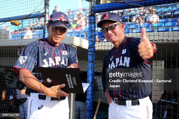 Manager Tsutomu Ikuta of Japan poses during the Haarlem Baseball Week game between Cuba and Japan at Pim Mulier Stadion on July 15, 2018 in Haarlem,...