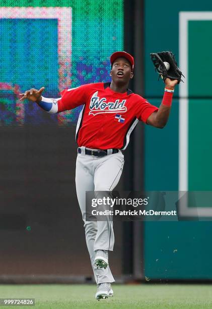 Jesus Sanchez of the Tampa Bay Rays and the World Team makes a catch against the U.S. Team in the third inning during the SiriusXM All-Star Futures...