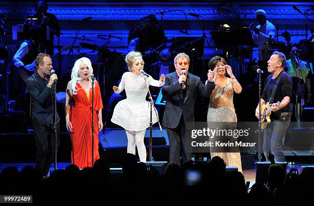 Sting, Debbie Harry, Lady Gaga, Elton John, Dame Shirley Bassey and Bruce Springsteen perform on stage during the Almay concert to celebrate the...