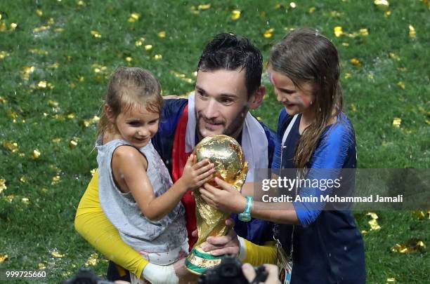 Hugo LLoris celebrate after the match with trophy during the 2018 FIFA World Cup Russia Final between France and Croatia at Luzhniki Stadium on July...