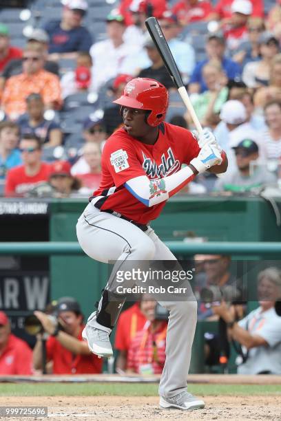Jesus Sanchez of the Tampa Bay Rays and the World Team bats in the fourth inning against the U.S. Team during the SiriusXM All-Star Futures Game at...