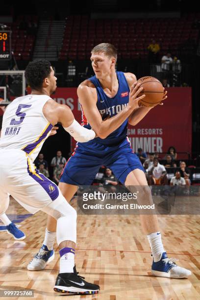 Henry Ellenson of the Detroit Pistons jocks for a position during the game against the Los Angeles Lakers during the 2018 Las Vegas Summer League on...