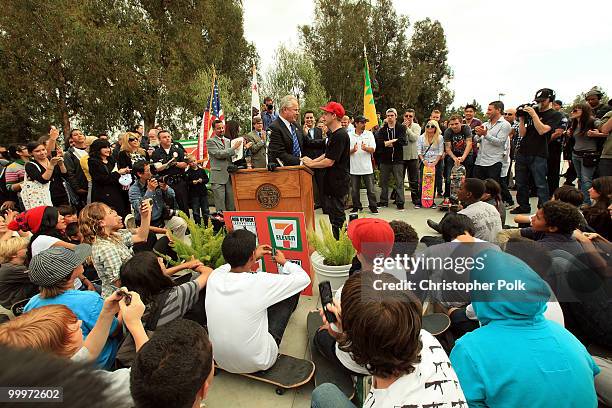 Councilmember Tom LaBonge and Pro Skatboarder Rob Dyrdek unveil 7-Eleven Urban Skate Store and open "Safe Spot Skate Spot", funded by a 250,000...