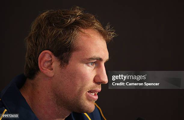 Wallabies captain Rocky Elsom talks to media during an Australian Wallabies photocall at Sydney City Lexus on May 19, 2010 in Sydney, Australia.