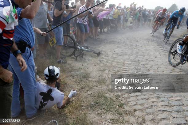 Team Sky rider Michal Kwiatkowski of Poland crashes at the 156.5-km of Tour de France 2018 stage 9 from Arras Citadelle to Roubaix on July 15, 2018...