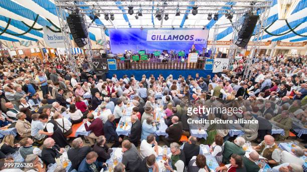 Former Minister of Defence Karl-Theodor zu Guttenberg speaks during the political 'Fruehshoppen' at the Gillamoos folk festival in Abensberg,...