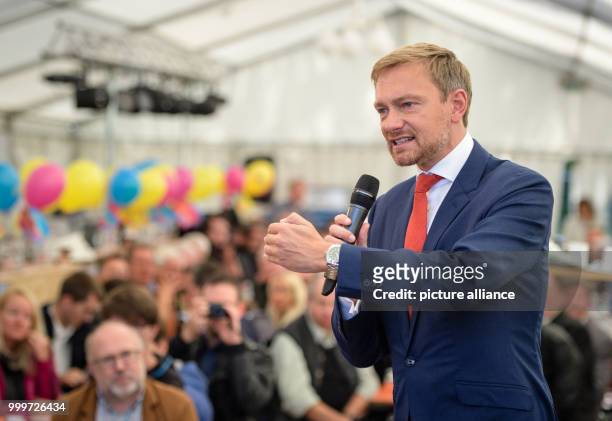 Christian Lindner, chairman of the FDP party, speaks during the political 'Fruehshoppen' at the Gillamoos folk festival in Abensberg, Germany, 4...